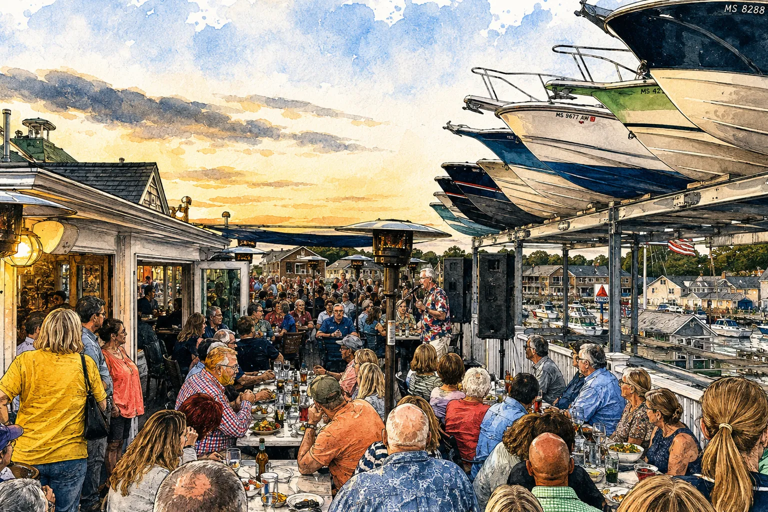 Watercolor of a summer evening on the Pier 37 deck — live music, dinner under the racked boats, sunset over the harbor